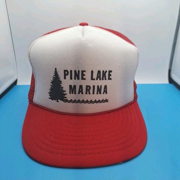 Vintage Pine Lake Marina Trucker Foam Rope Snapback Hat Cap Red - Picture 1 of 8